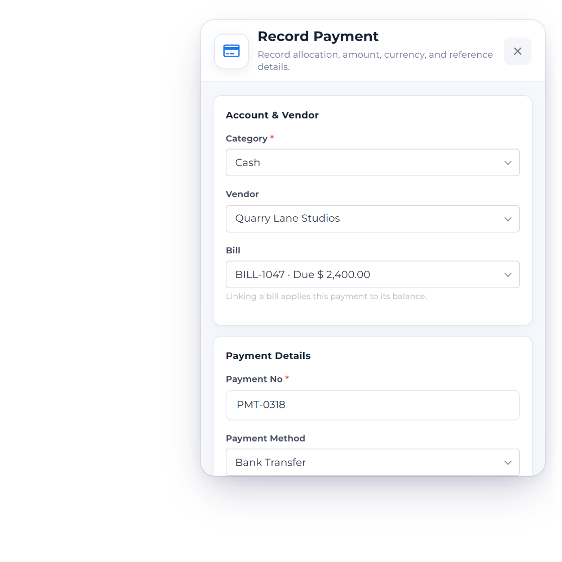 A vendor payment in another currency in Invoice Crowd, with the payment currency, exchange rate and the converted amount worked out on the server