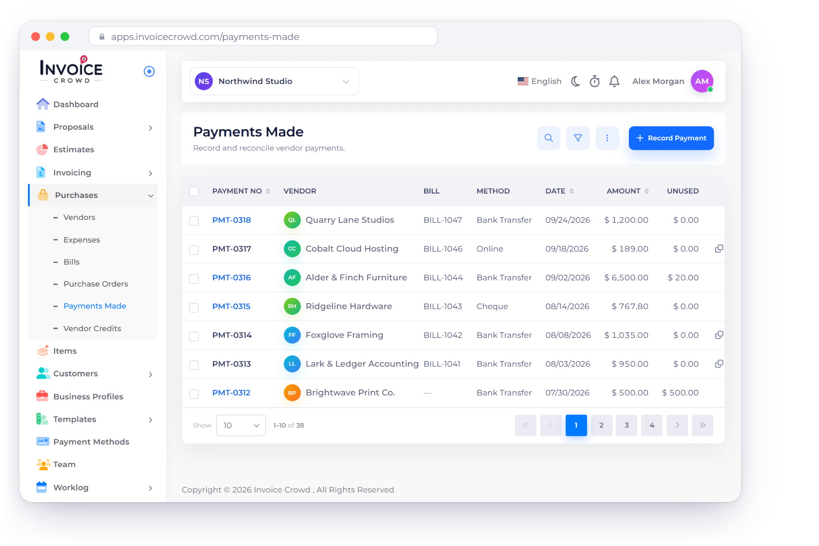 The Payments Made screen in Invoice Crowd listing vendor payments with vendor, bill, method, date, amount and unused amount, and how one payment was applied to a bill