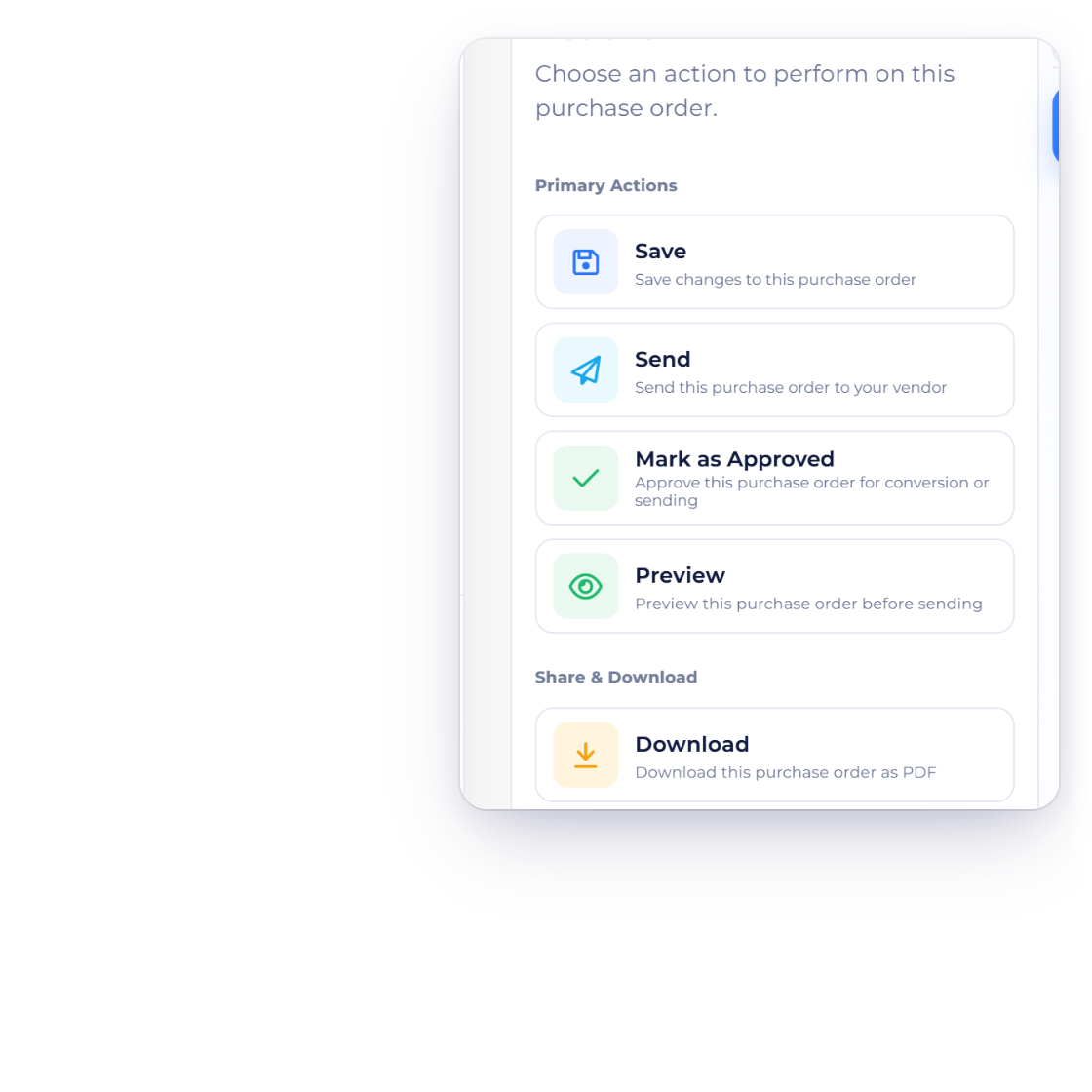 An Invoice Crowd purchase order with Mark as Approved in its actions, and the vendor's Approve & Sign on the shared link