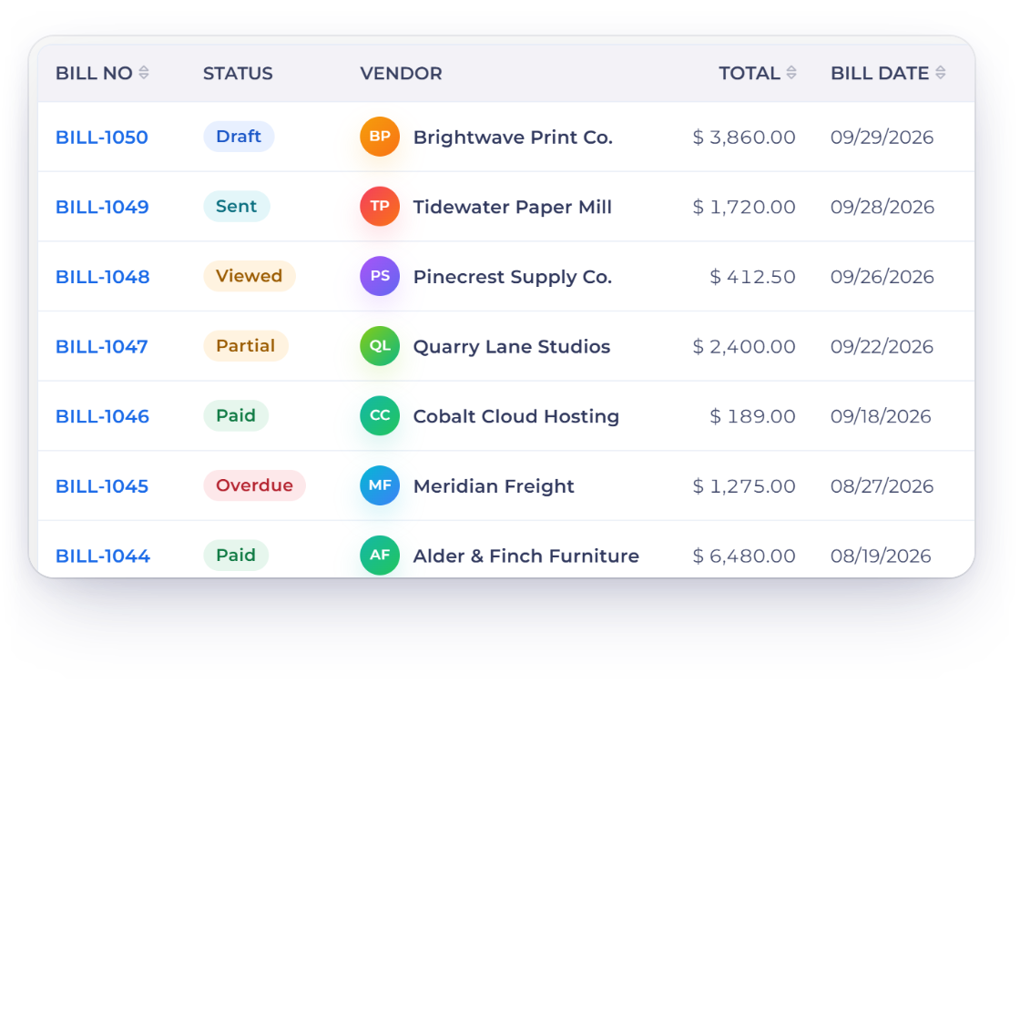 Invoice Crowd bills list with a bill created from an approved purchase order, its due amount and its Accounts Payable posting