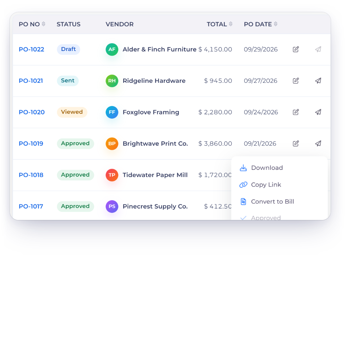 Invoice Crowd purchase orders list with the row menu of an approved order open on Convert to Bill, the confirmation prompt and the draft bill it creates