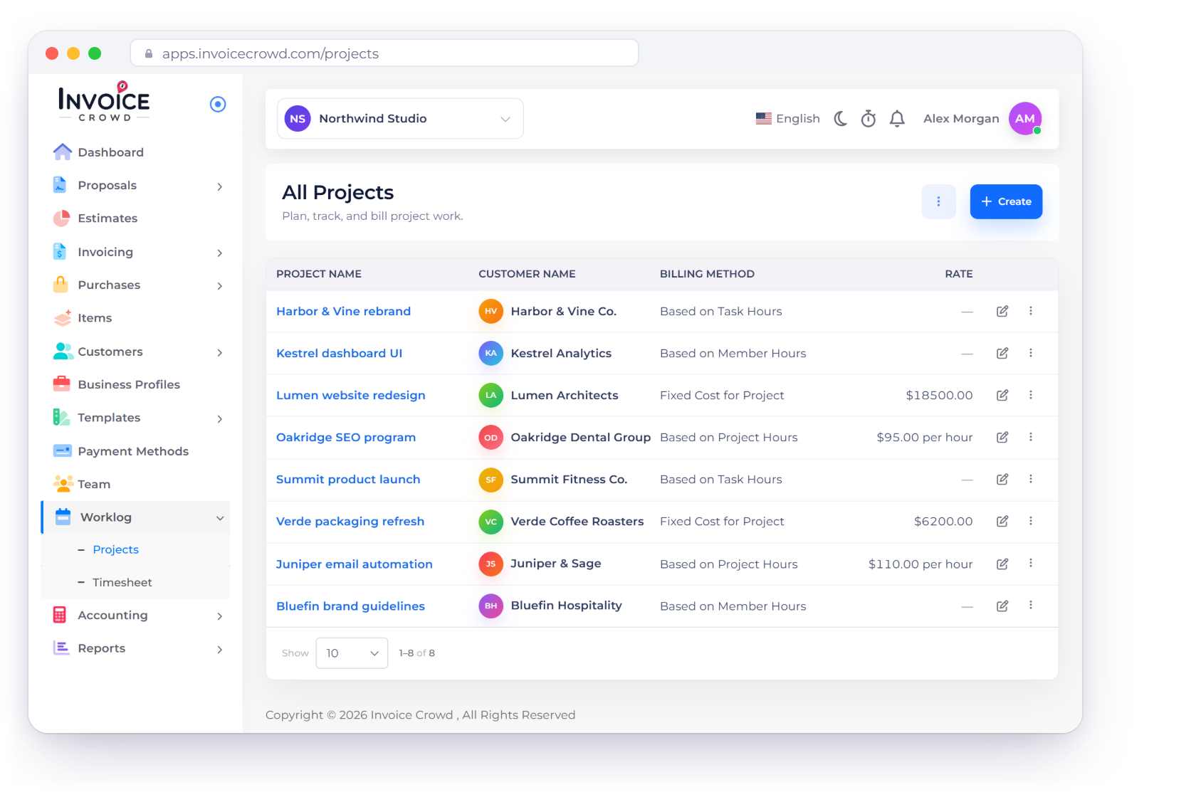 The Projects screen in Invoice Crowd listing projects with their customer, billing method and rate, the four billing methods and a project with member rates