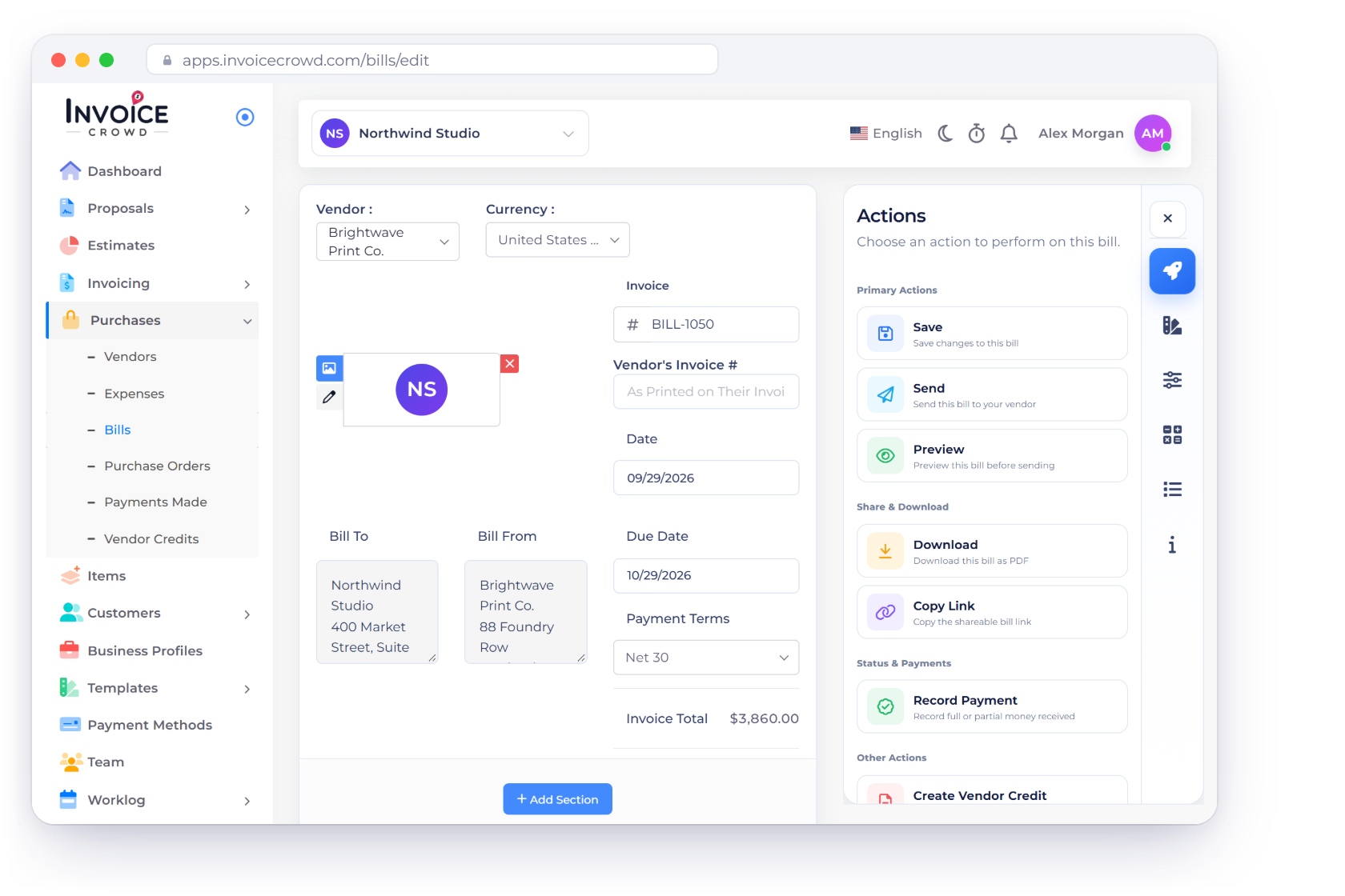 An Invoice Crowd bill converted from an approved purchase order, with the Purchases menu for vendors, expenses, bills, purchase orders, payments made and vendor credits