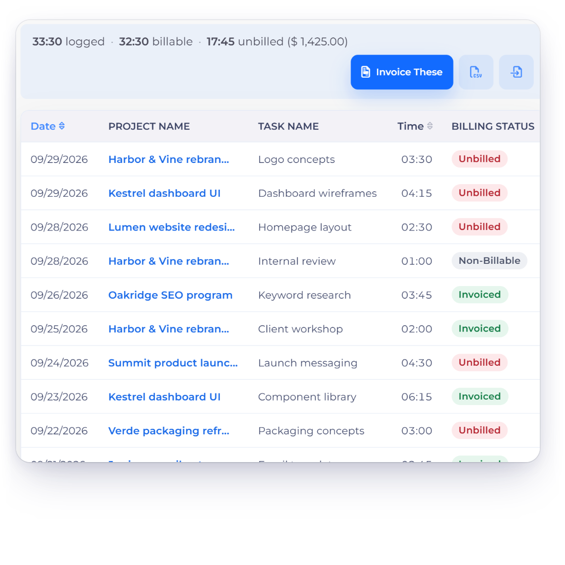 Invoice Crowd timesheet with Unbilled, Invoiced and Non-Billable entries, where only billable time can be put on an invoice