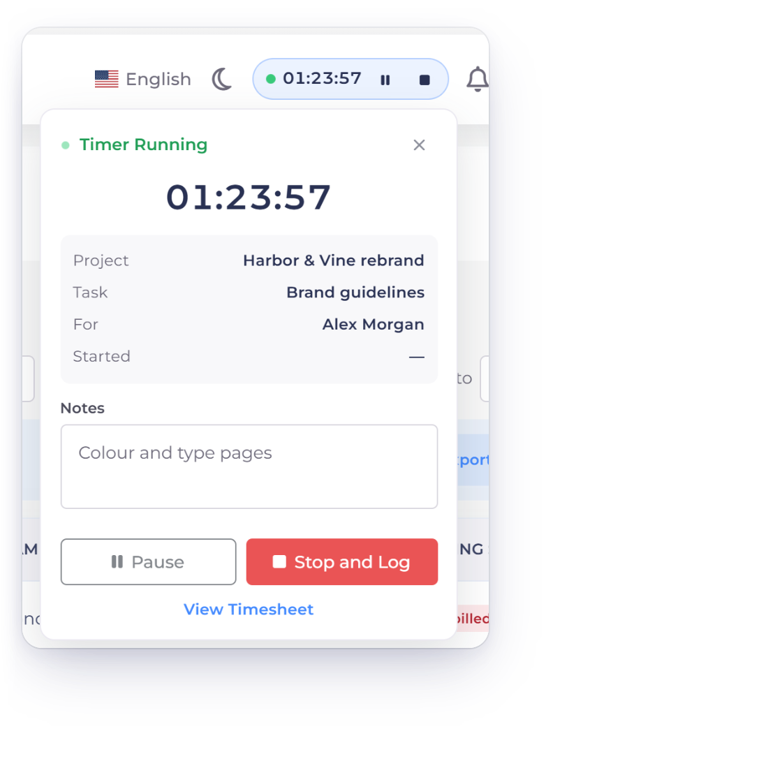 The Invoice Crowd header timer running on a project and task, with its Pause and Stop and Log buttons