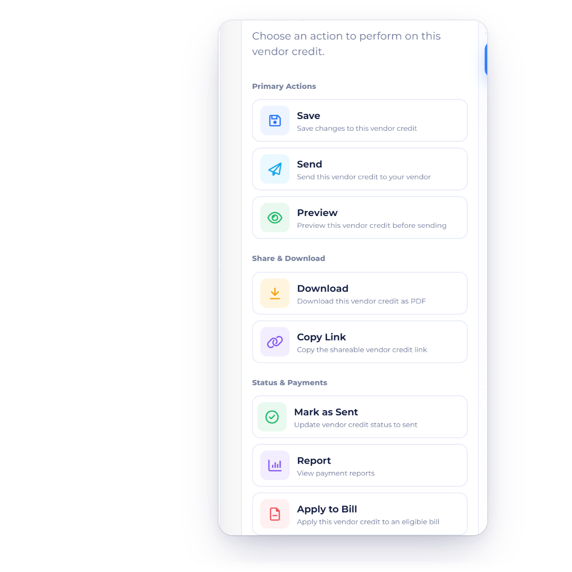 The actions of an Invoice Crowd vendor credit: Save, Send, Preview, Download, Copy Link, Report, Apply to Bill and Refund
