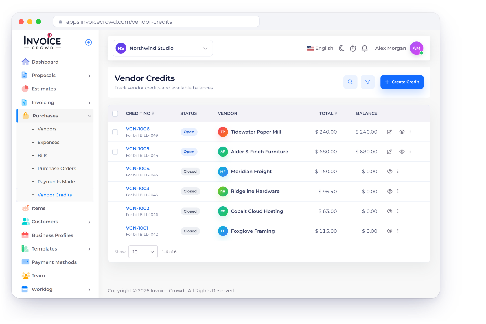 The Vendor Credits screen in Invoice Crowd with each credit's vendor, linked bill, total and remaining balance, applying a credit to a bill and recording a refund