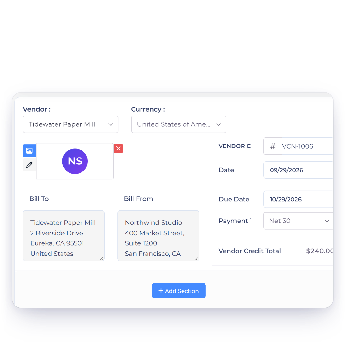One vendor, Tidewater Paper Mill, picked on an Invoice Crowd vendor credit, with the bill, purchase order, vendor credit and payment recorded against it