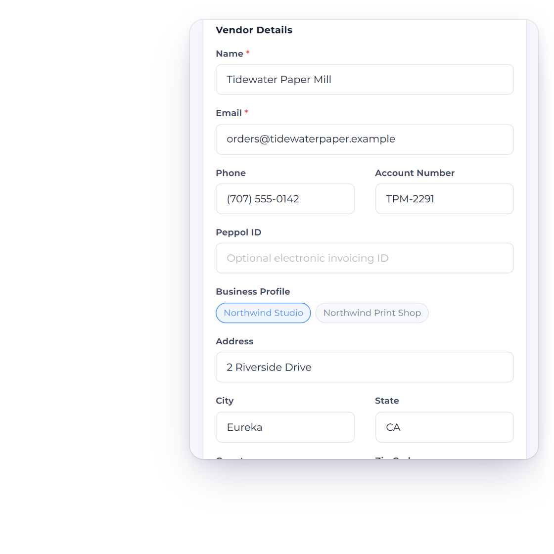The Add Vendor panel in Invoice Crowd with name, email, phone, account number, business profile, address and tax ID filled in for a supplier