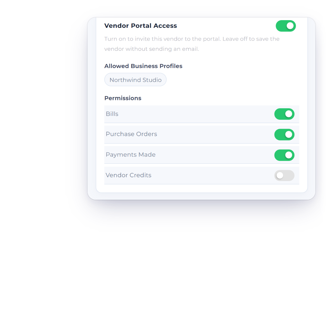 Vendor Portal Access in the Invoice Crowd vendor form, switched on with an allowed business profile and Bills, Purchase Orders and Payments Made permissions