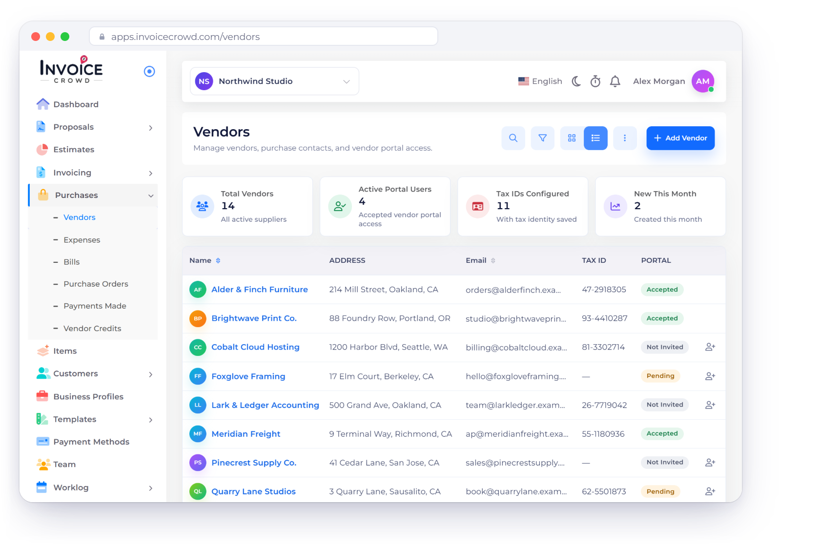The Vendors screen in Invoice Crowd with vendor counts, each supplier's address, email, tax ID and portal status, and a vendor record with its portal access