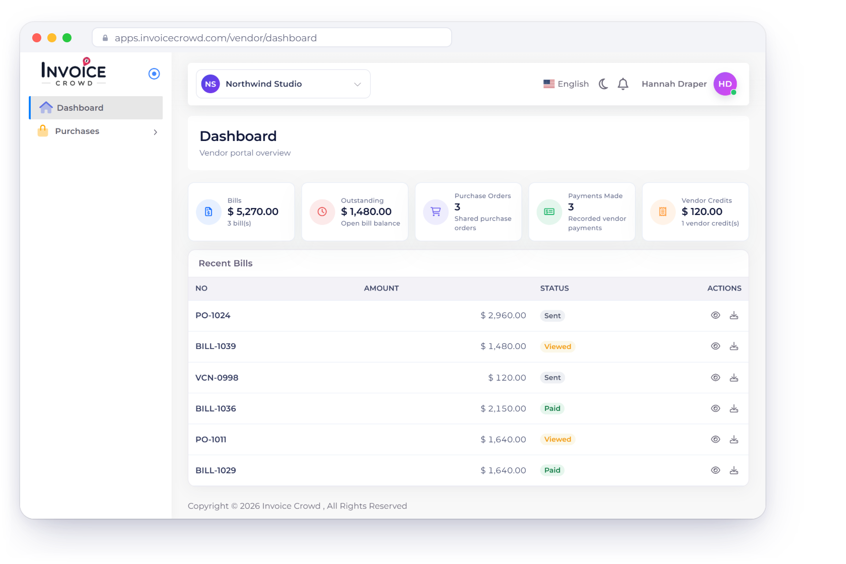 The Invoice Crowd vendor portal dashboard as a supplier sees it, with bill, outstanding, purchase order, payment and vendor credit totals and recent documents to preview or download