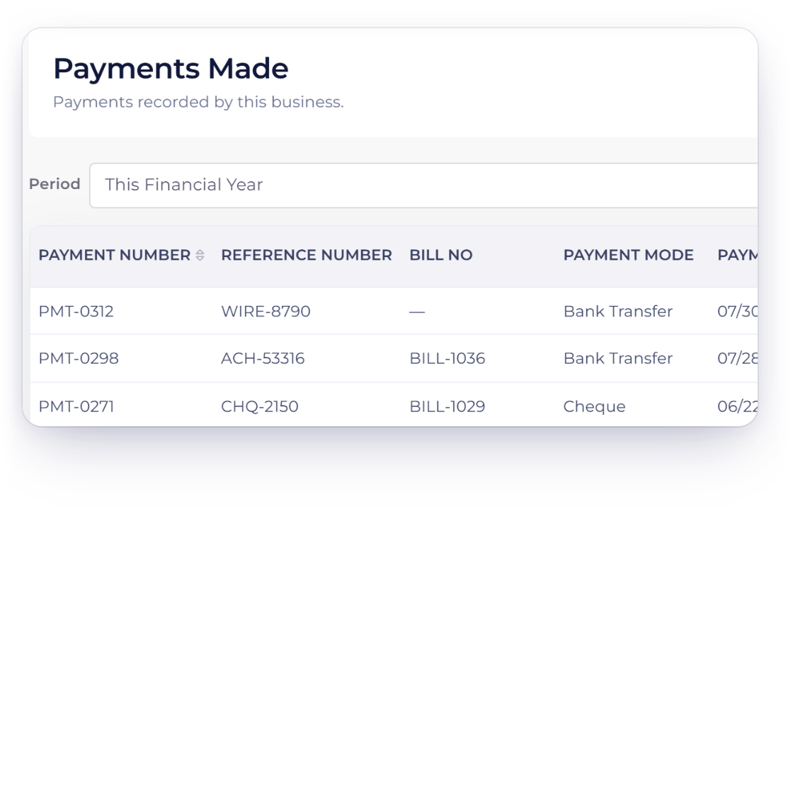 Payments Made in the Invoice Crowd vendor portal, listing each payment's number, reference, bill, mode, date and amount, next to a bill preview and PDF download