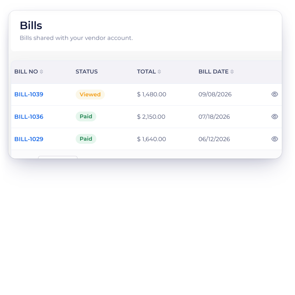 The Bills list in the Invoice Crowd vendor portal with only Preview and Download on each row, and the one action a vendor can take: approving a purchase order