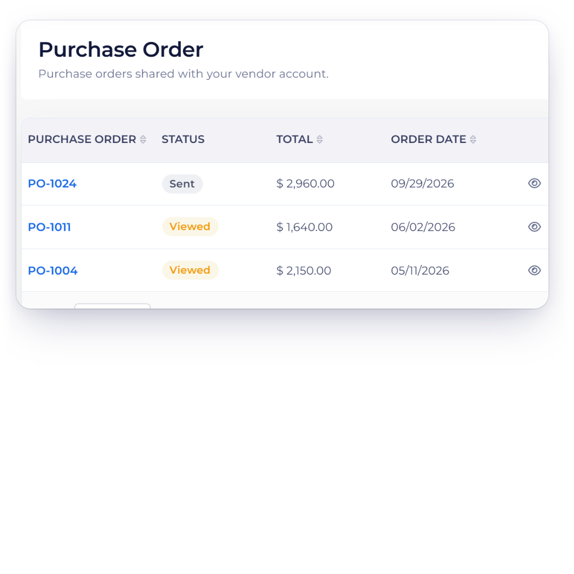The Purchase Order list in the Invoice Crowd vendor portal, limited to one supplier's orders from one business