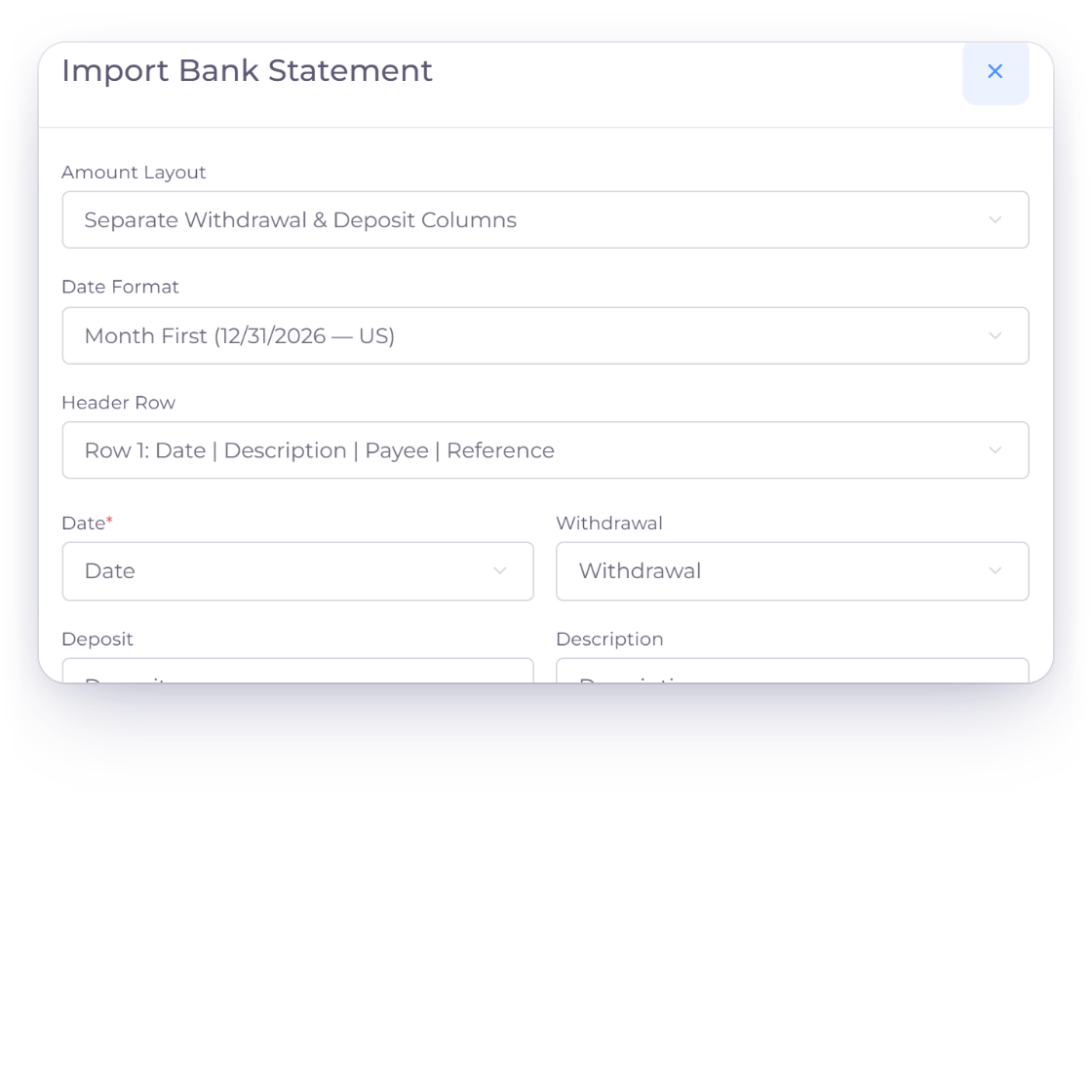 Invoice Crowd statement import mapping with the amount layout options, month-first date format and each column assigned before import