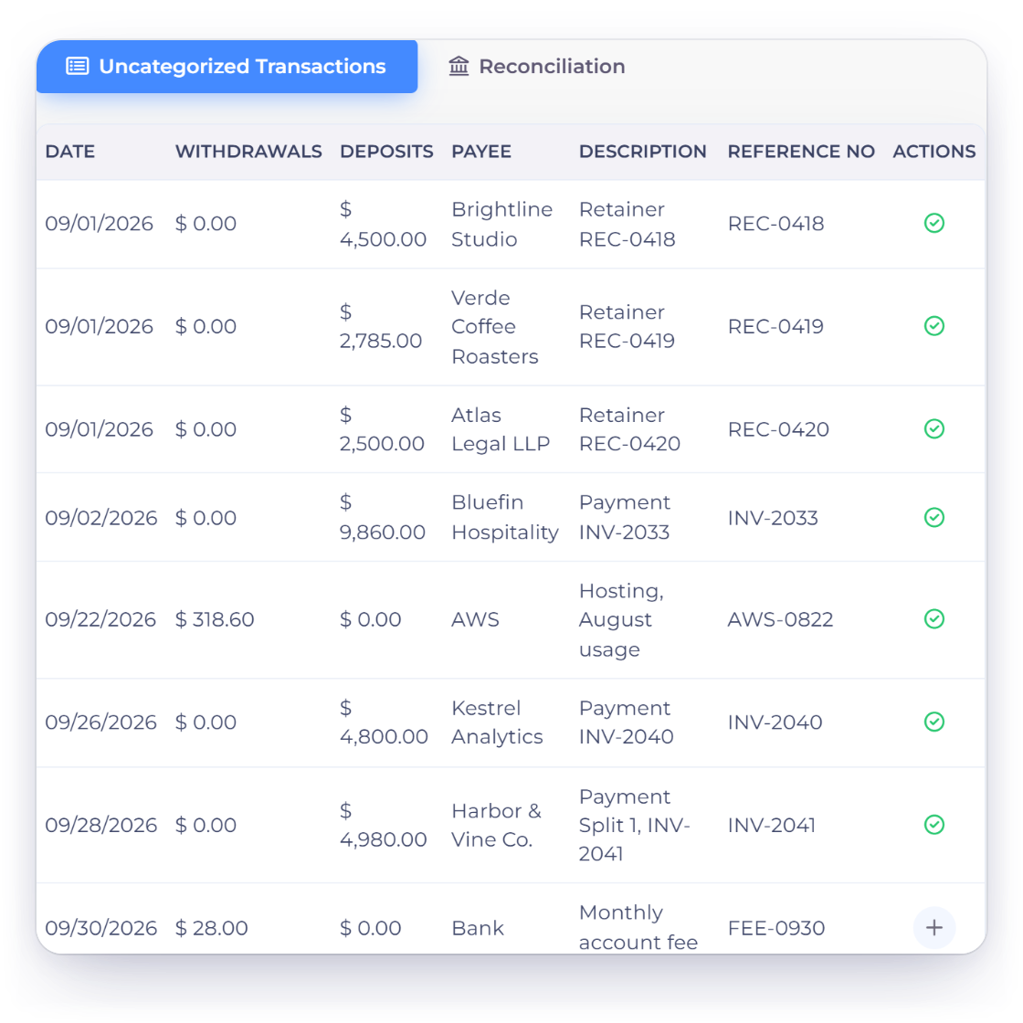 Invoice Crowd uncategorized statement lines with matched rows ticked and an unmatched bank fee opening a prefilled Create Expense form
