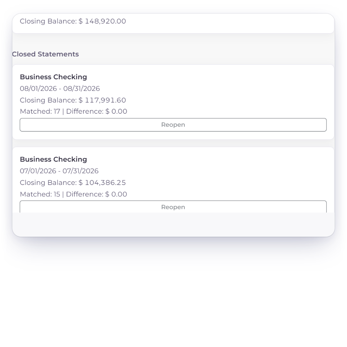 Invoice Crowd closed bank statements with a Reopen action that asks for a reason before a reconciliation is reopened
