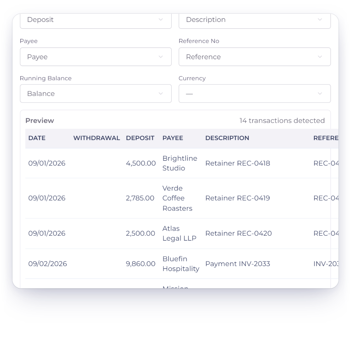 Invoice Crowd statement import preview with 14 normalized transactions showing date, withdrawal, deposit, payee, description and reference