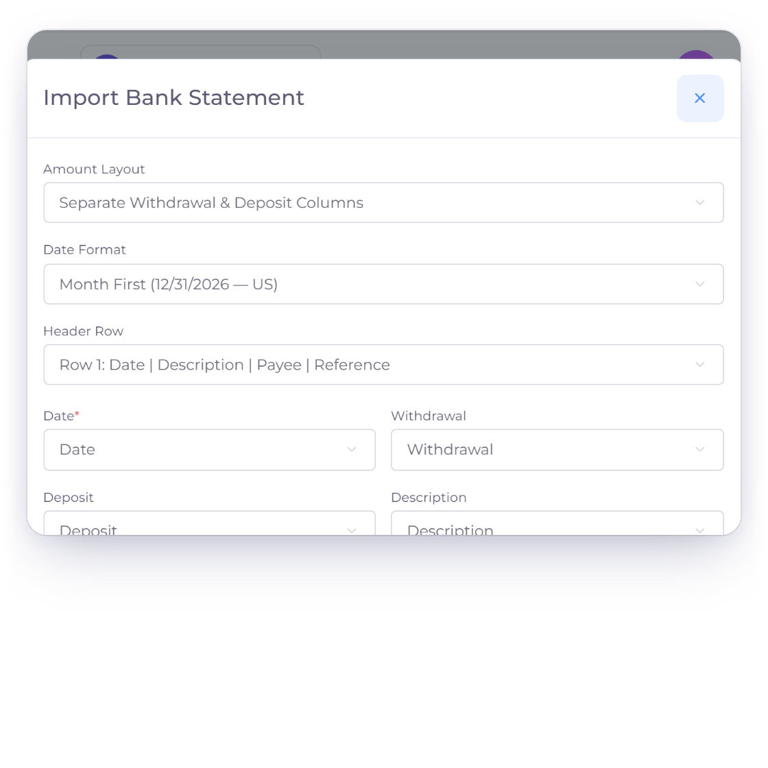 Invoice Crowd statement import with the detected amount layout, date format and header row, read again on the server before anything is imported