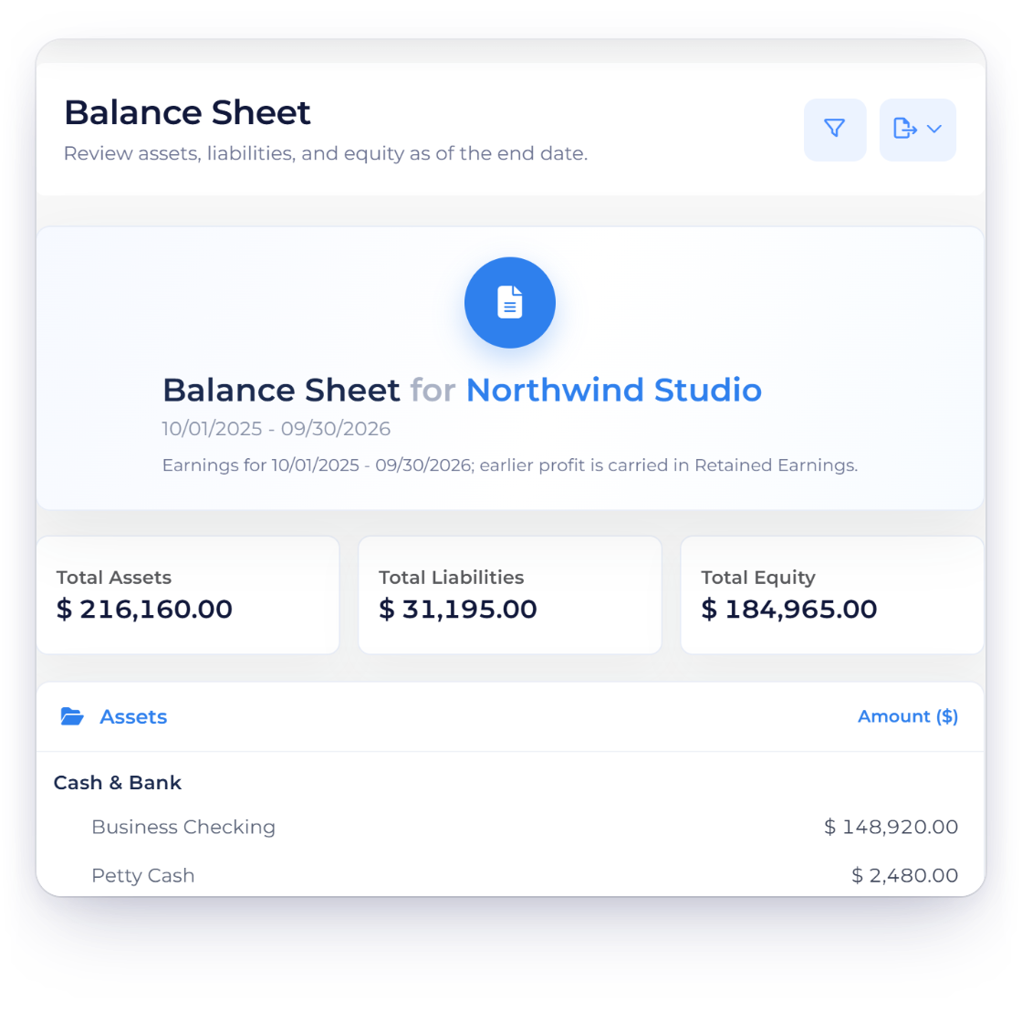Invoice Crowd Balance Sheet Export menu with the statement saved as PDF and Excel files