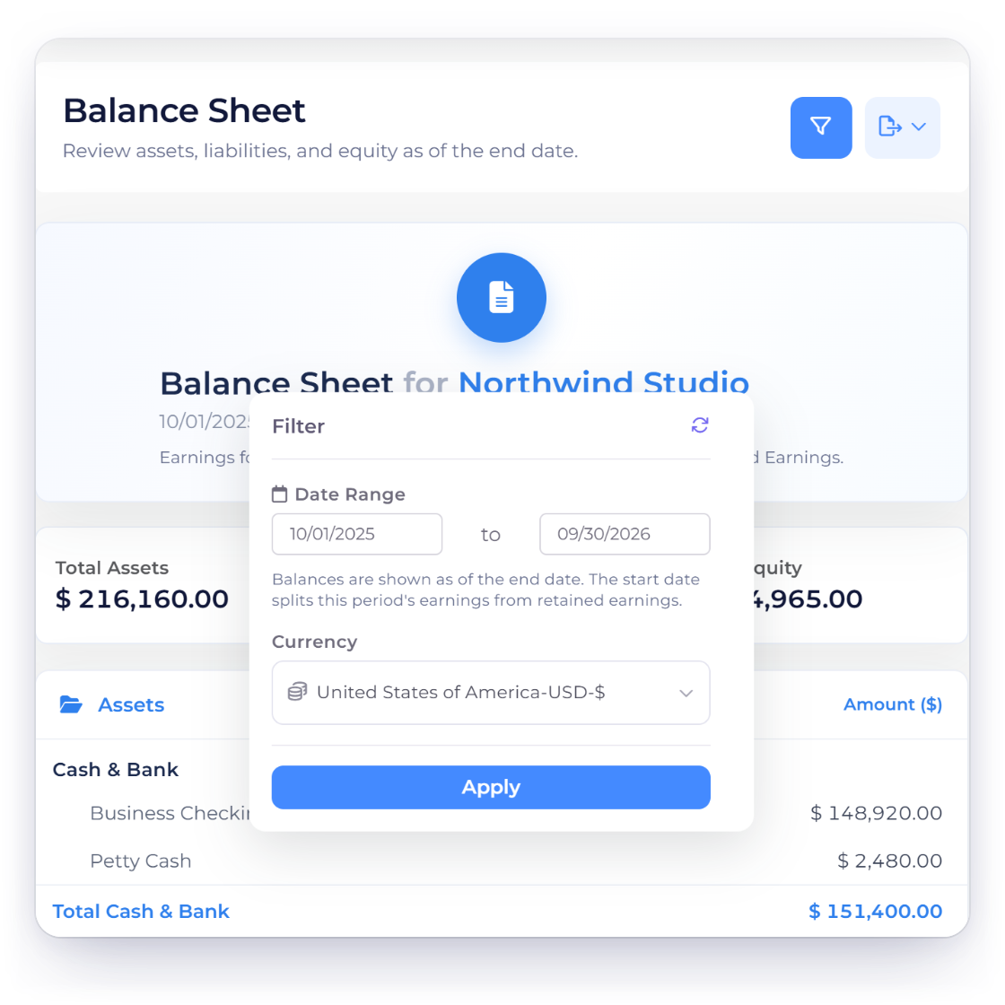 Invoice Crowd Balance Sheet filter with the date range and report currency for the selected business