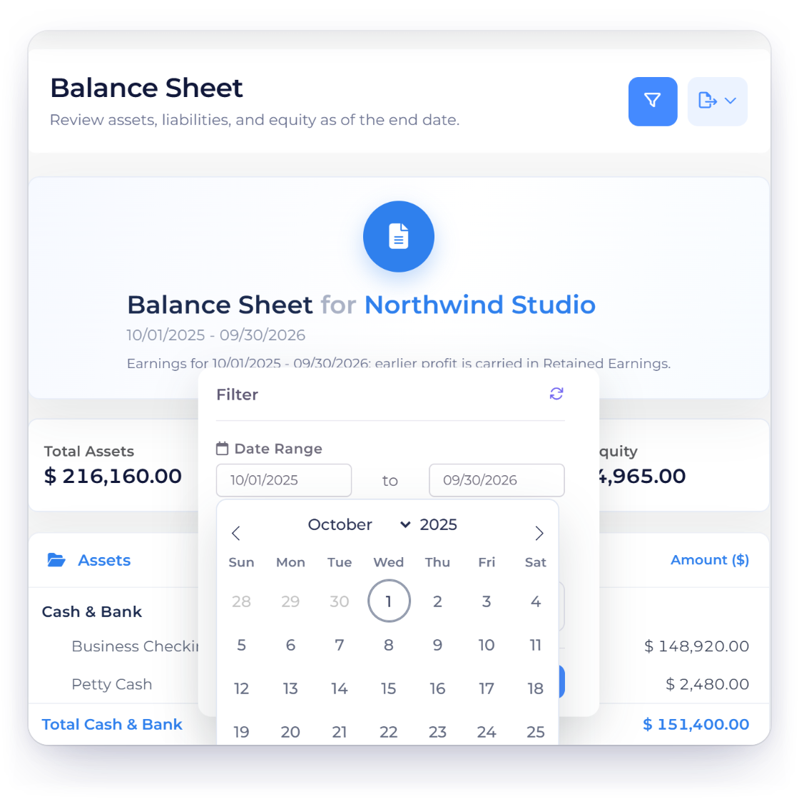 Invoice Crowd Balance Sheet date range picker set to the fiscal year starting 10/01/2025