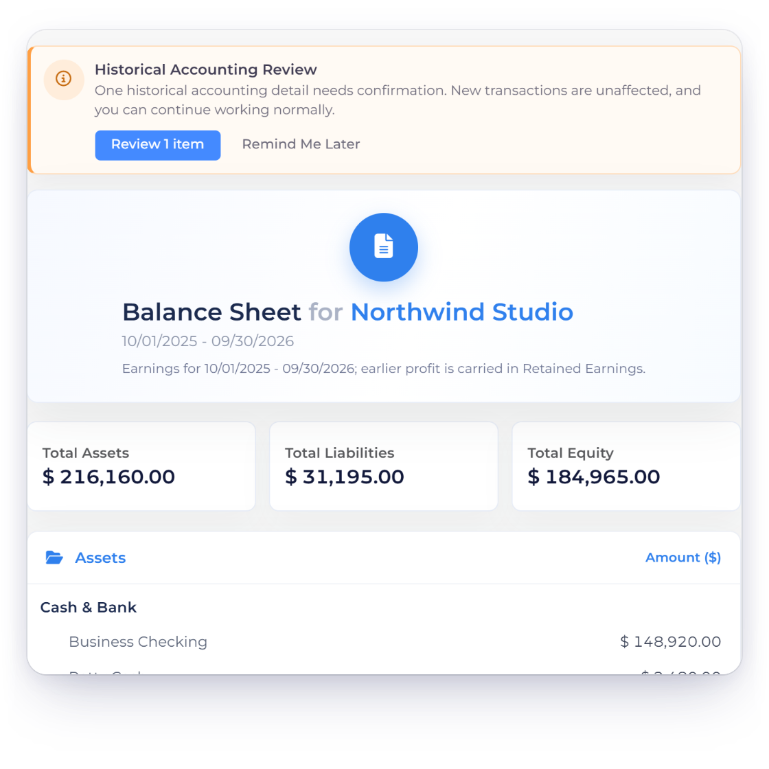 Invoice Crowd Balance Sheet with the historical accounting review notice above the statement, and assets equal to liabilities plus equity