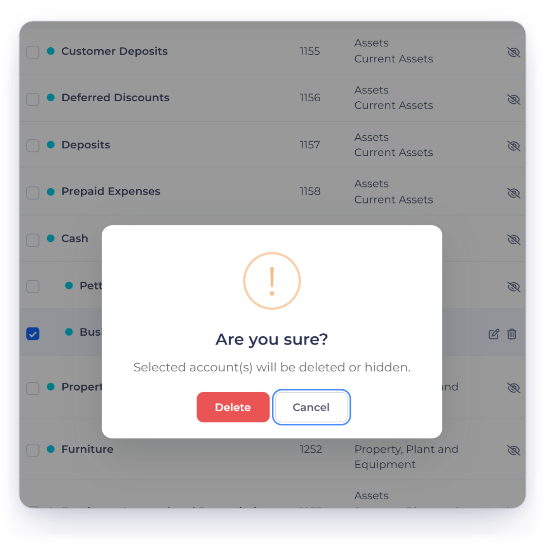 Invoice Crowd delete confirmation for a custom account, beside the General Ledger rows already classified to Business Checking