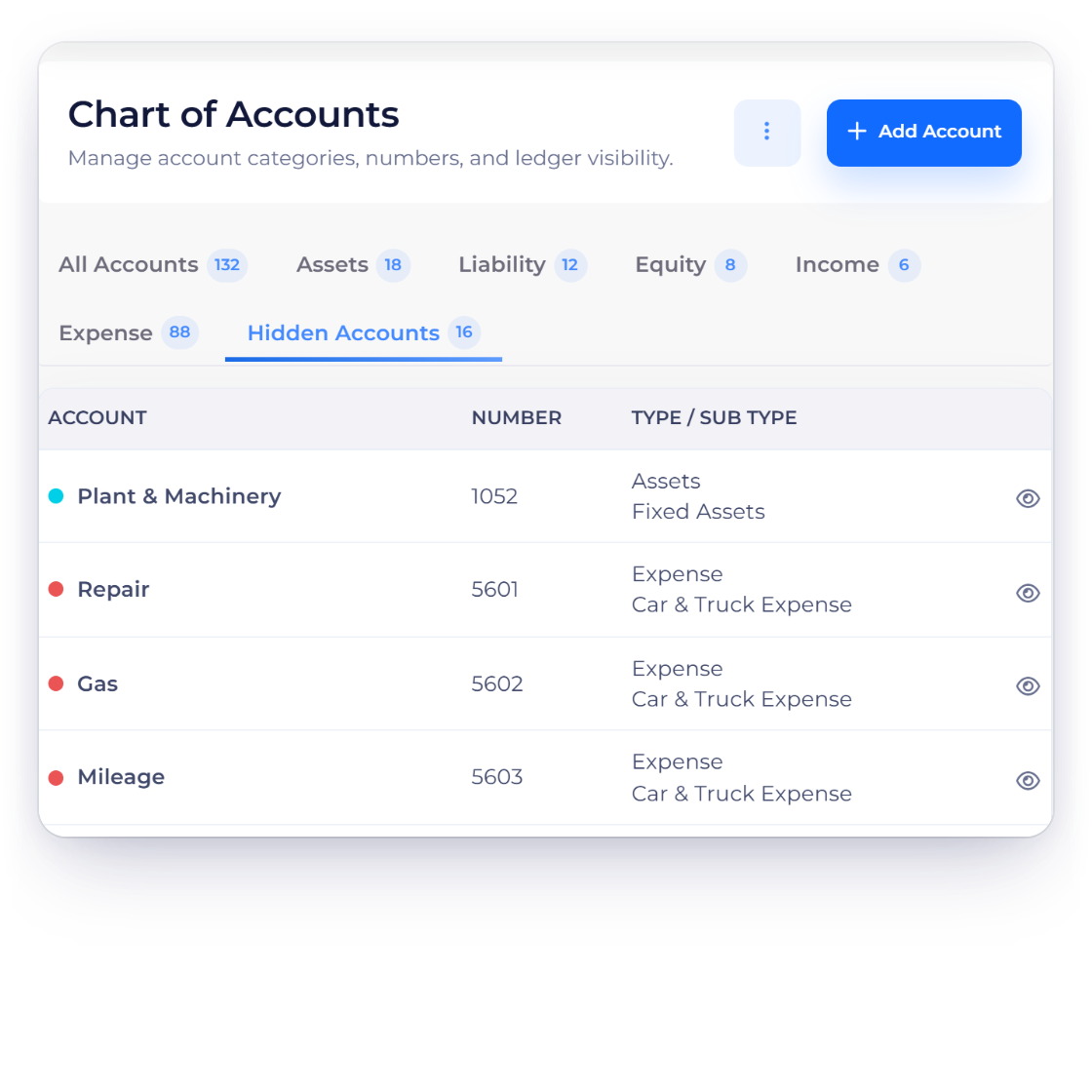 Invoice Crowd Hidden Accounts tab listing vehicle and machinery defaults hidden from a design studio chart, each with a Show Account action to restore it