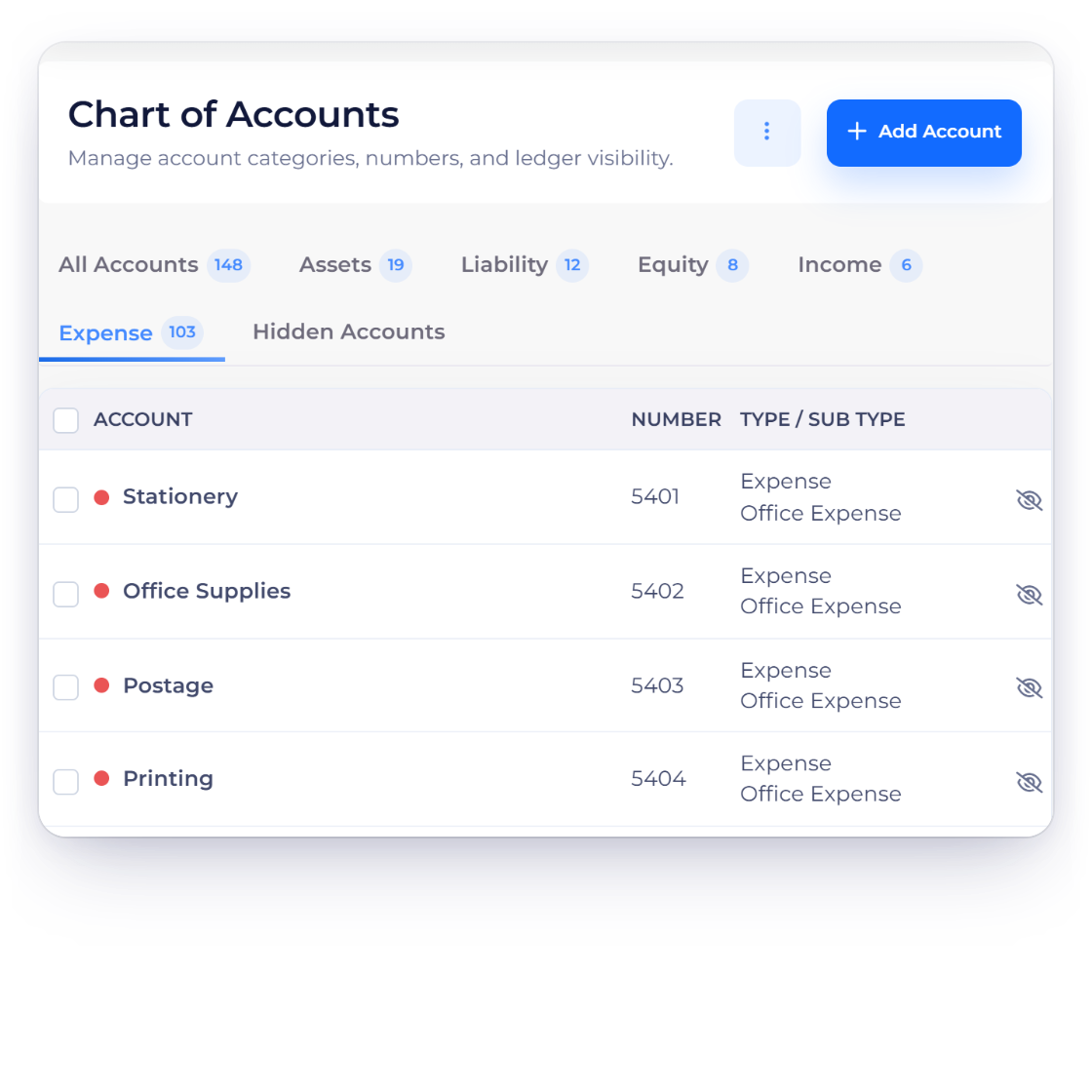 Invoice Crowd Expense tab of the Chart of Accounts, the same accounts offered in the Expense Category picker, and the Software line they feed on the profit and loss statement