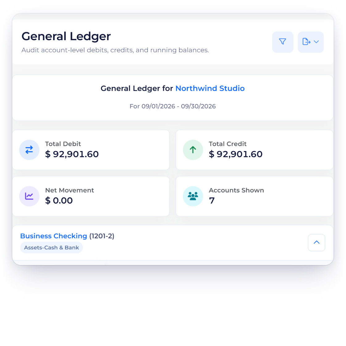 Invoice Crowd General Ledger Export menu with the filtered ledger saved as PDF and Excel files