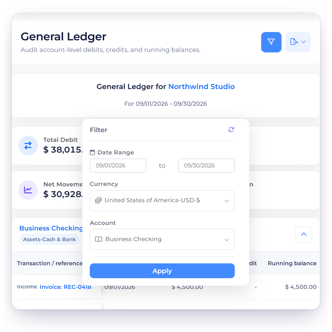Invoice Crowd General Ledger filter with a September date range, USD currency and the Account list narrowed to Business Checking