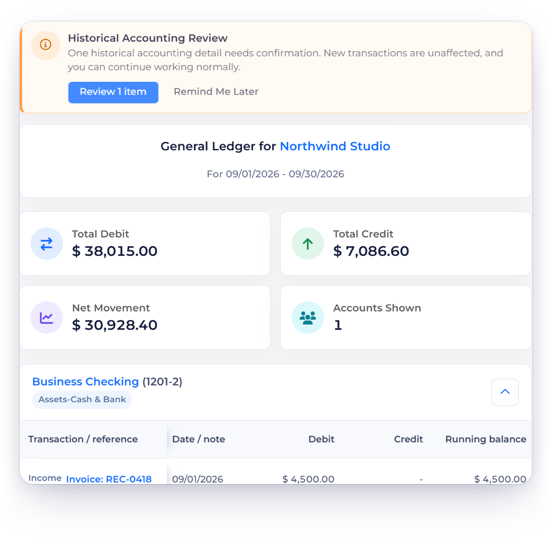 Invoice Crowd General Ledger with the historical accounting review notice, leaving the ledger rows unchanged until an item is reviewed