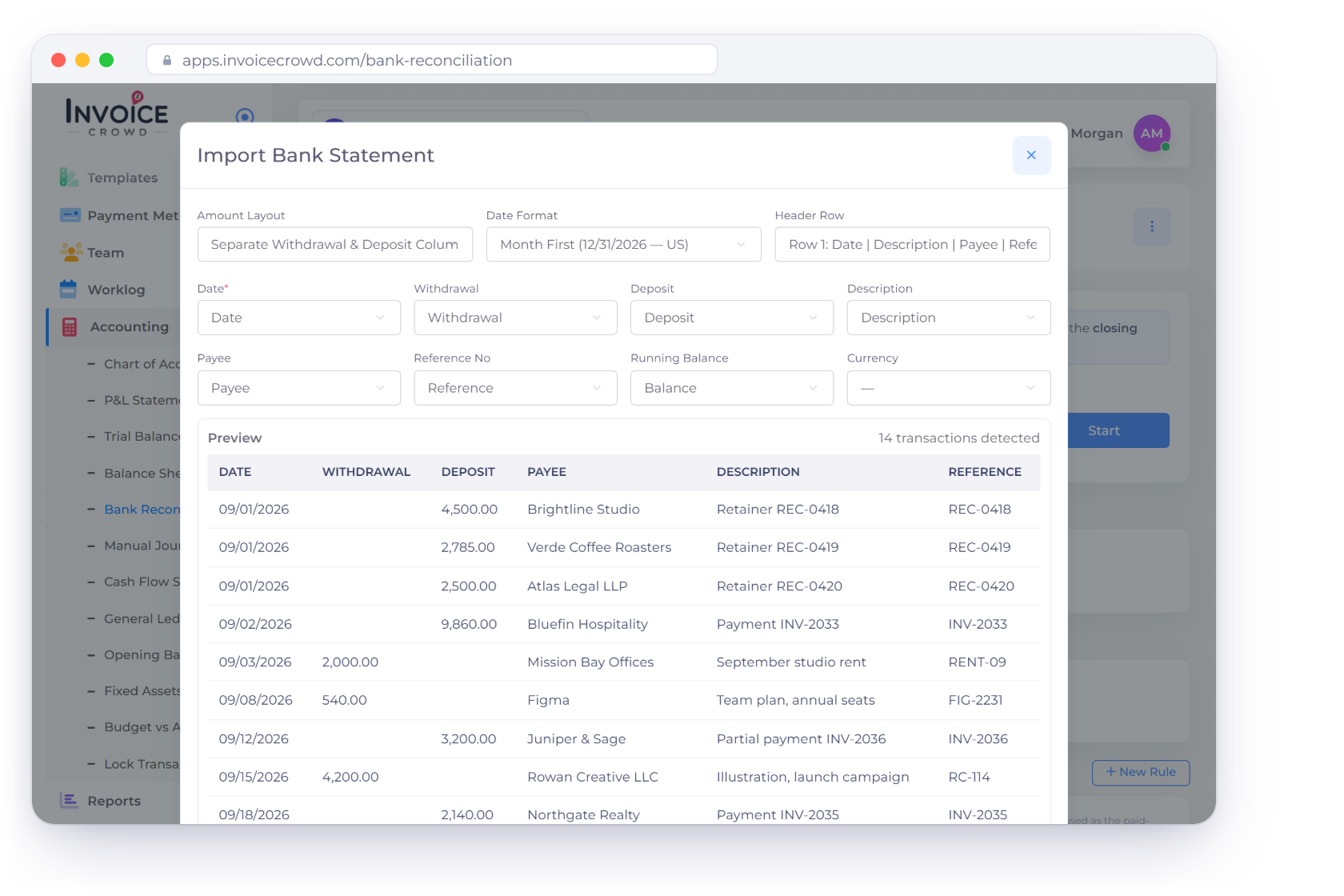 Invoice Crowd Import Bank Statement wizard with detected columns, a month-first date format and a preview of 14 normalized transactions from an uploaded statement file
