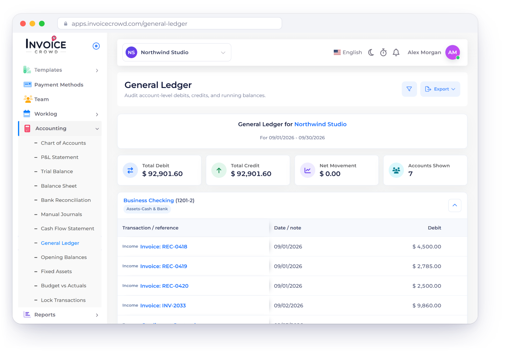 Invoice Crowd General Ledger for September 2026 with total debits and credits, the Business Checking account rows and running balance, and the account filter