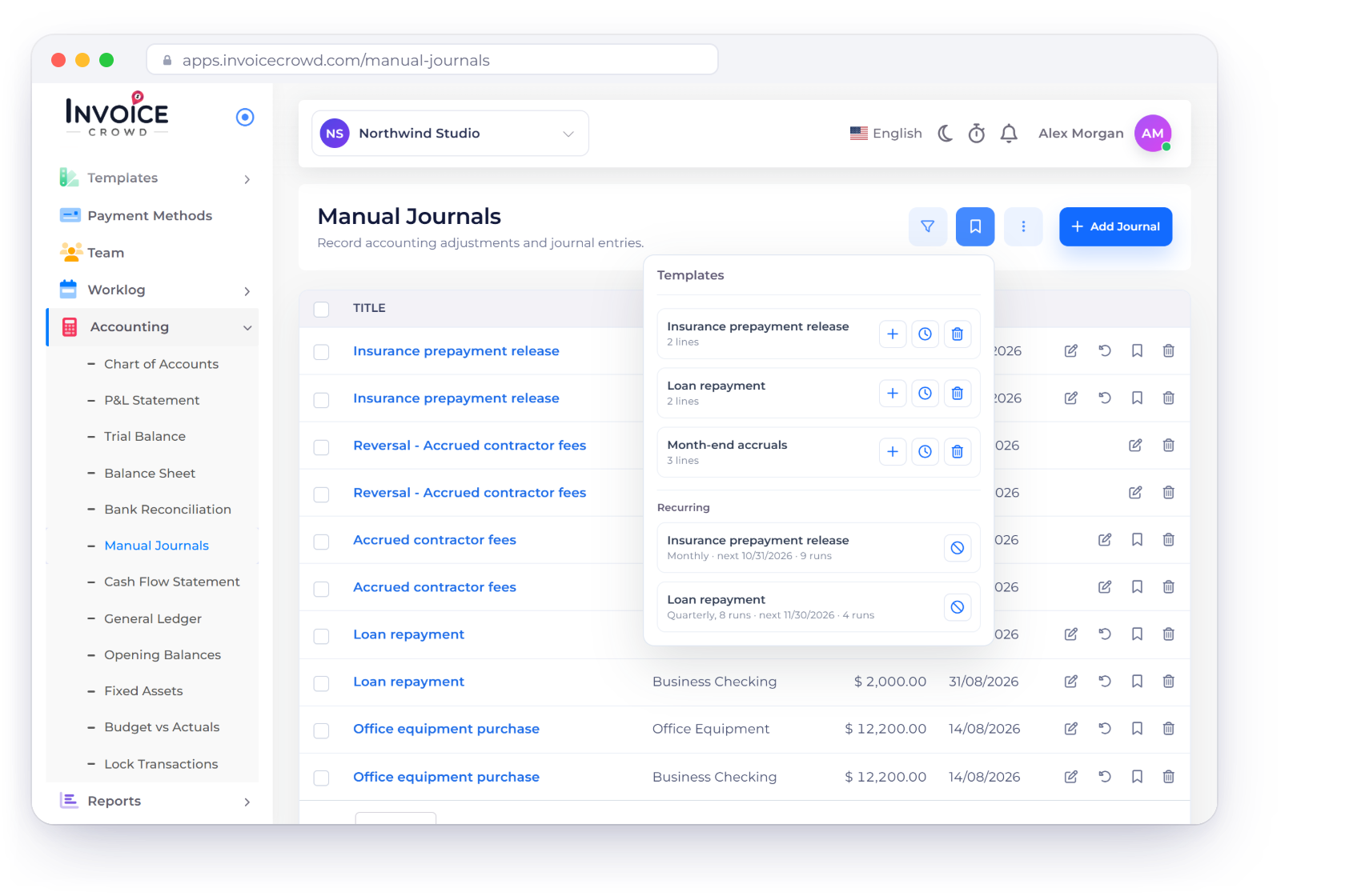 Invoice Crowd Manual Journals list with the journal templates panel and a balanced two-line journal with equal debit and credit totals