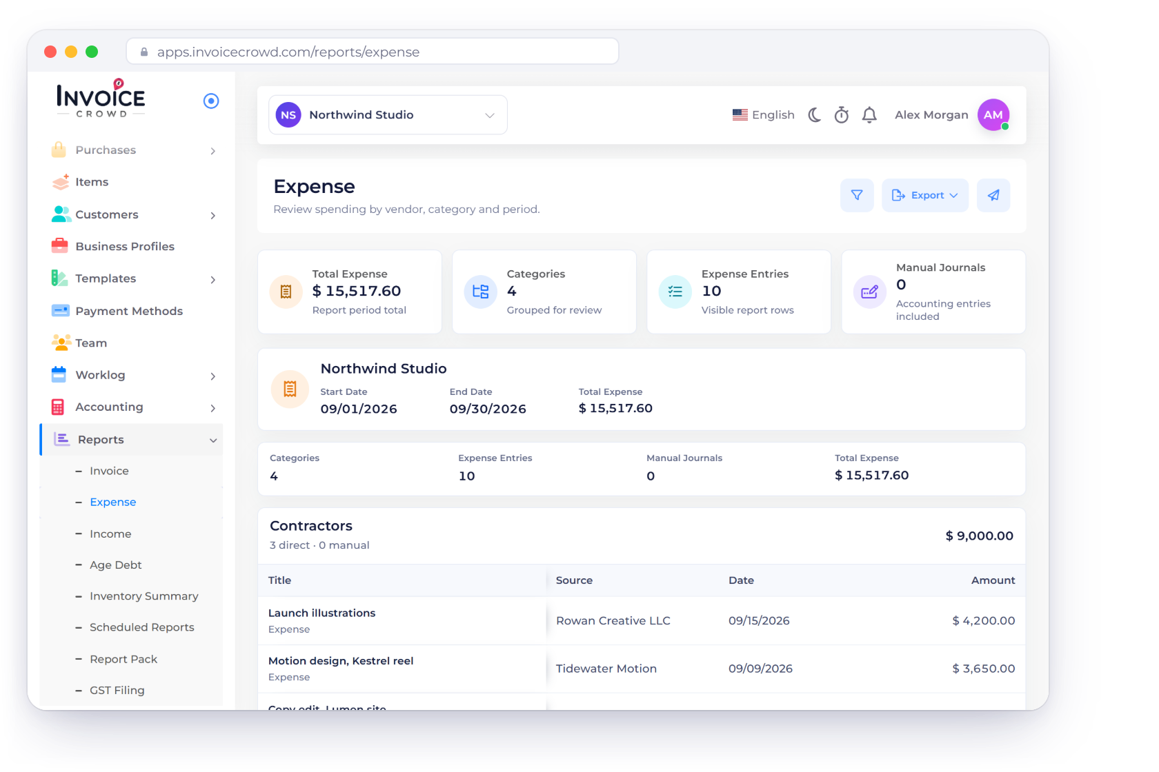 Invoice Crowd Expense report for September 2026 grouped by category, with the Reports menu in the sidebar, a scheduled monthly delivery and the date period presets