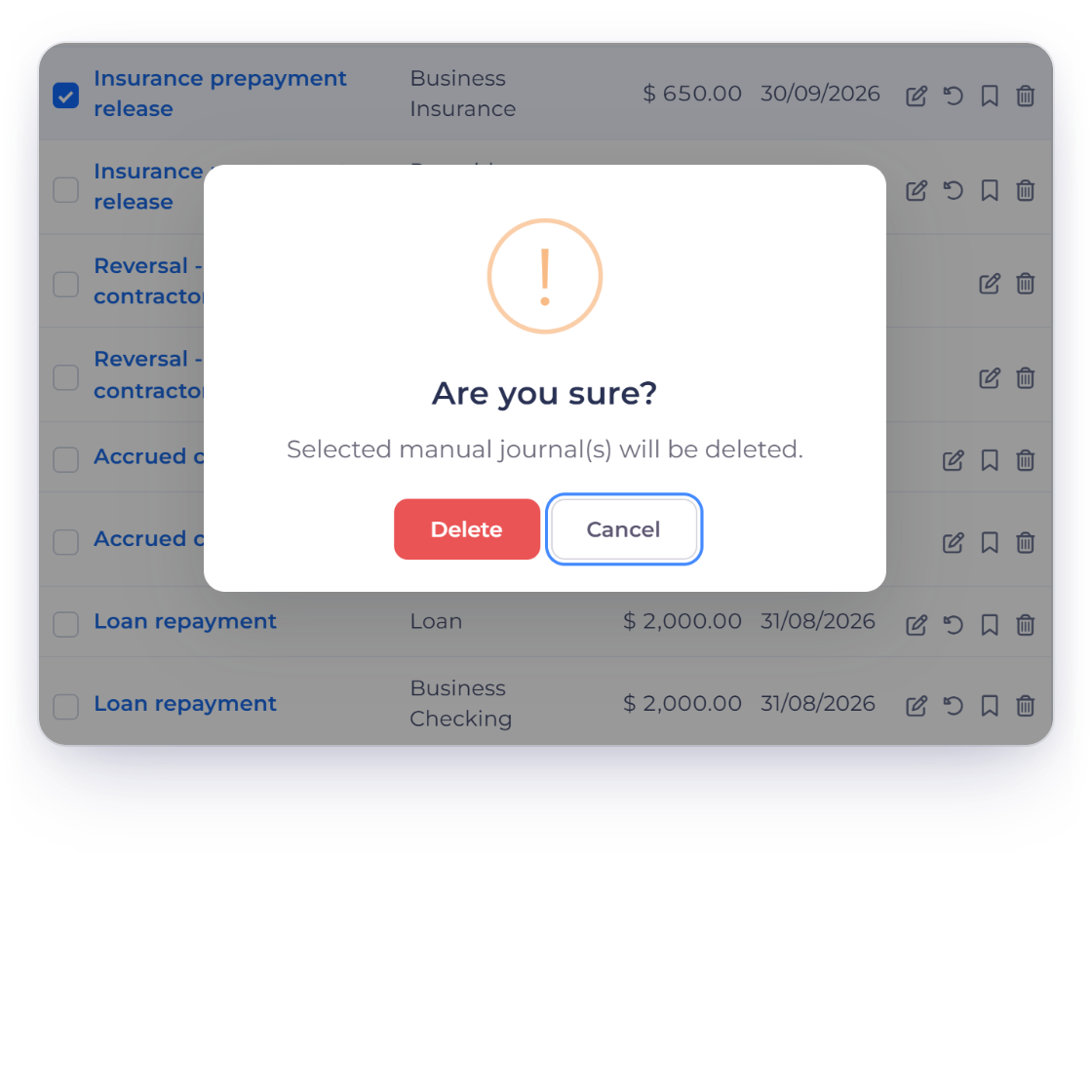 Invoice Crowd deleting a manual journal as one batch, with both lines of the insurance prepayment release going together