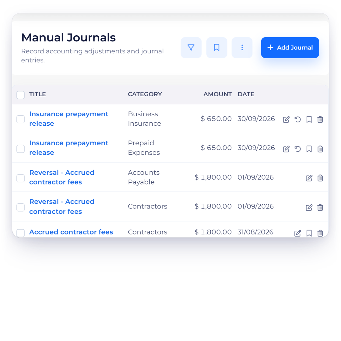 Invoice Crowd manual journal form refusing an unbalanced two-line entry because the debit and credit totals are not equal