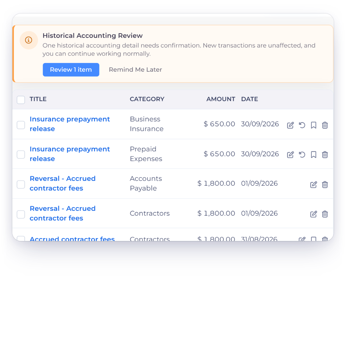 Invoice Crowd Manual Journals with the historical accounting review notice asking for one item to be confirmed while new entries carry on normally