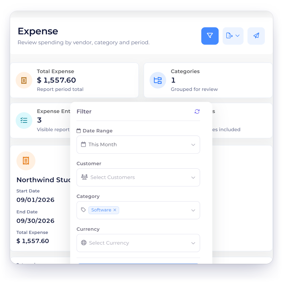 Invoice Crowd Expense report filtered to the Software category for September 2026, with its three expenses totalling $1,557.60