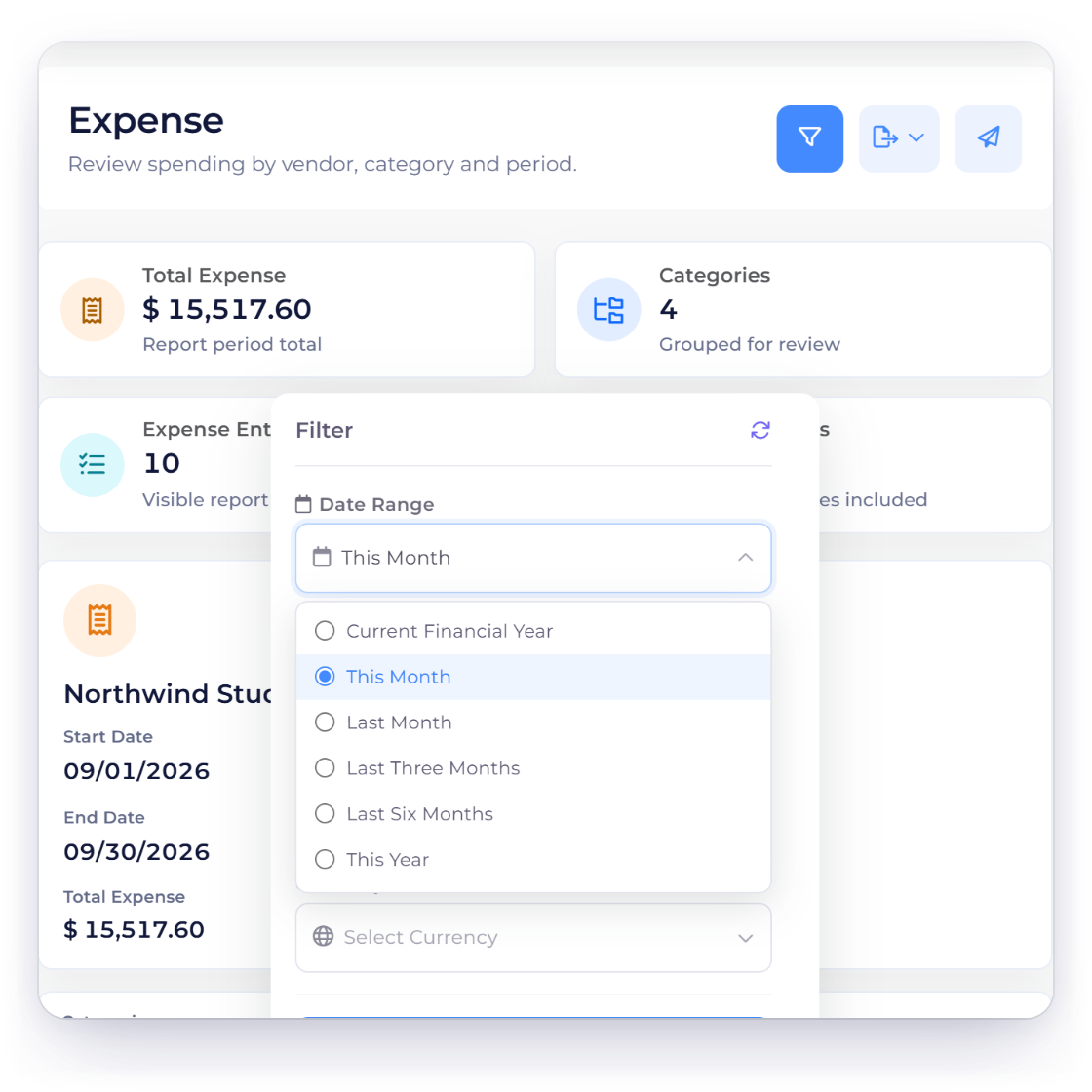 Invoice Crowd report filter with date presets from Current Financial Year and This Month to Last Six Months and This Year