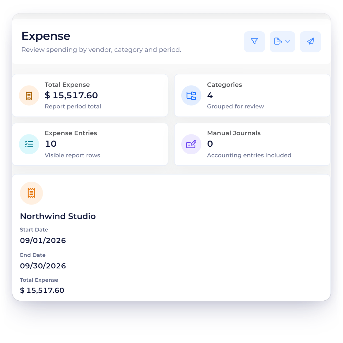 Invoice Crowd Reports menu listing Invoice, Expense, Income, Age Debt, Inventory Summary, Scheduled Reports, Report Pack and GST Filing, beside the Expense report totals