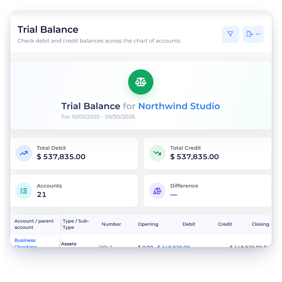 Invoice Crowd Trial Balance Export menu with the report saved as PDF and Excel files