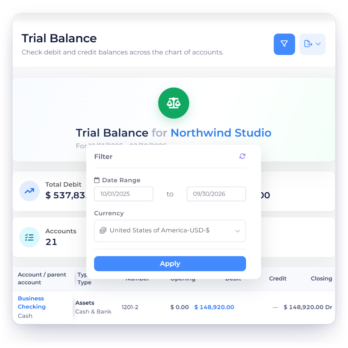 Invoice Crowd Trial Balance filter with a fiscal-year date range and the report currency