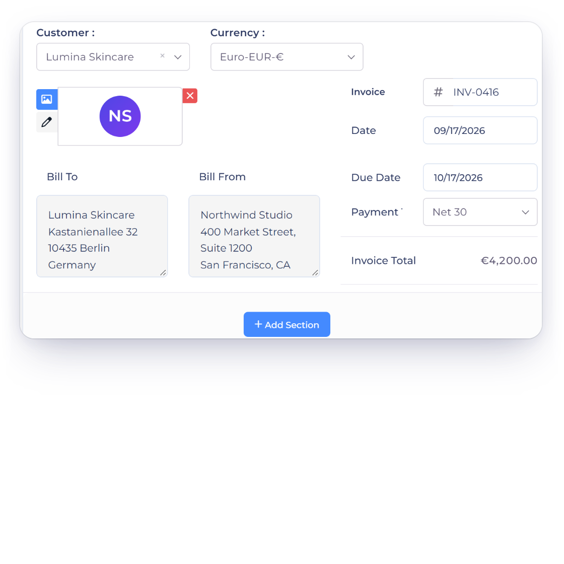 Invoice Crowd invoice editor with an invoice to a European brand in euros, the exchange rate used for the books and the payment methods the brand can pay with
