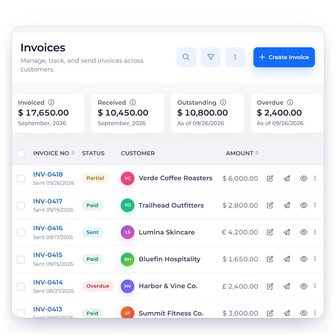 Invoice Crowd invoices list for a creator with a brand deal invoice split into a deposit on signature and a balance on go-live, and what the brand sees has been paid