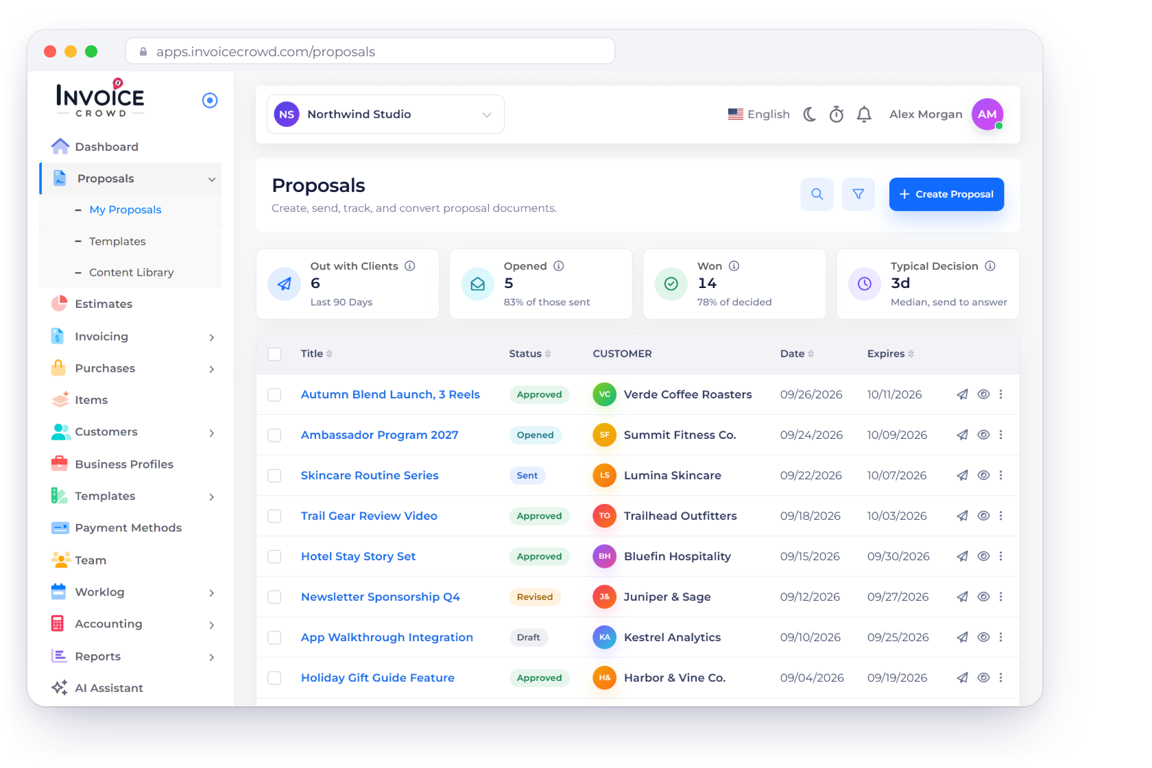 Invoice Crowd Proposals screen for a content creator with brand deal proposals and their status, a deposit received notification, the deliverables and fee of one deal and an invoice to a brand in euros