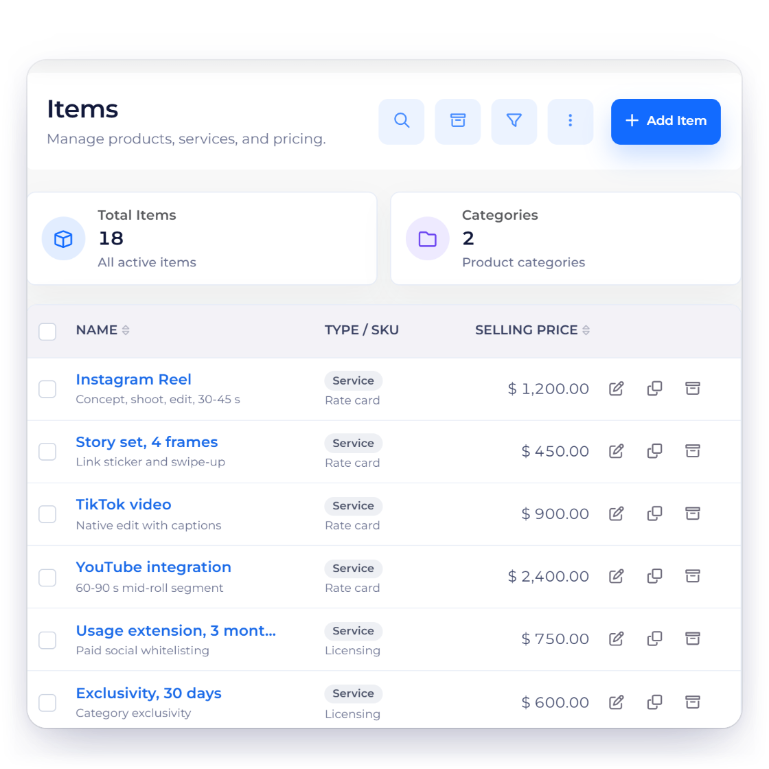 Invoice Crowd items list used as a creator rate card with Reels, Story sets, videos and usage extensions, reusable contract clauses from the content library and a proposal duplicated for a returning sponsor